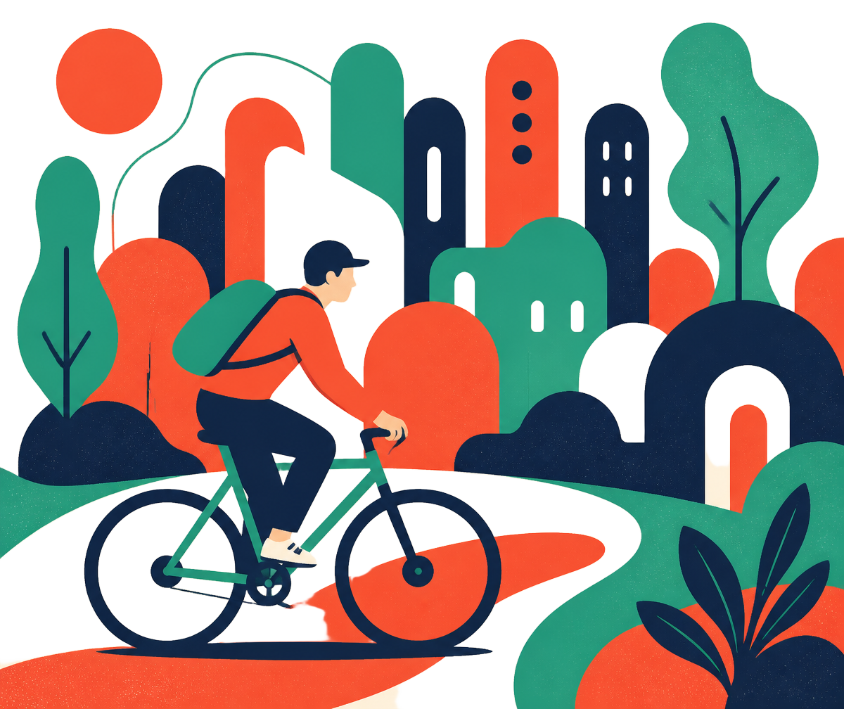 Illustrazione di una ciclista che attraversa una città fatta di forme organiche