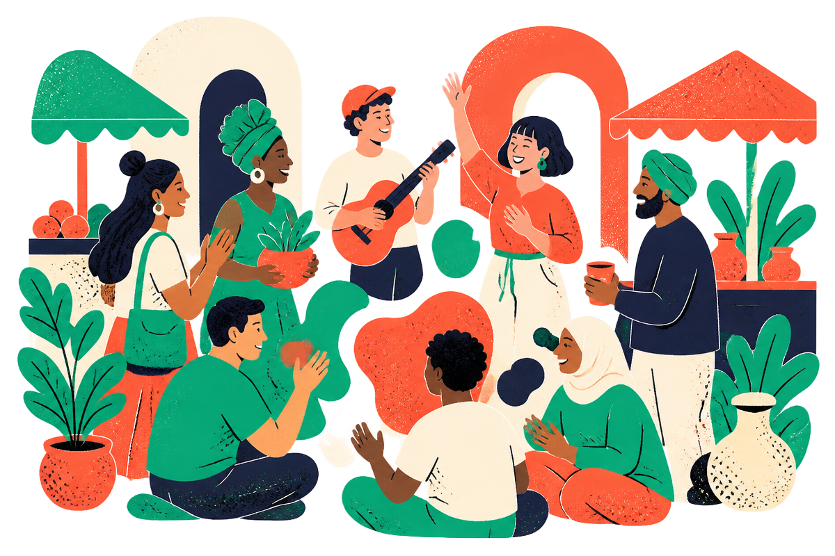 Illustrazione di persone riunite in cerchio tra bancarelle e piante