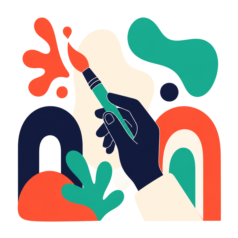 Illustrazione di una mano con un pennello tra forme organiche